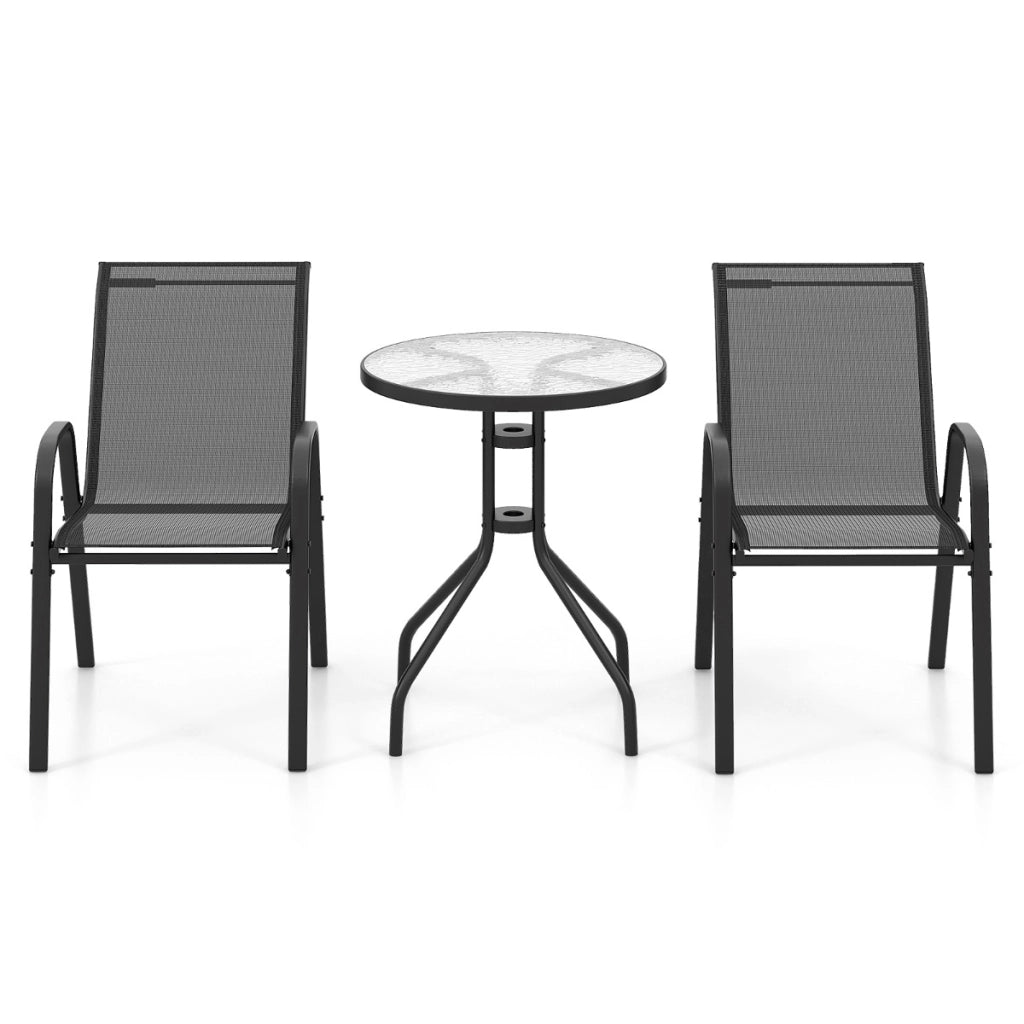 Set bistrot da esterno 3 pezzi, Tavolino rotondo con 2 sedie impilabili piano tavolo in vetro temperato Nero