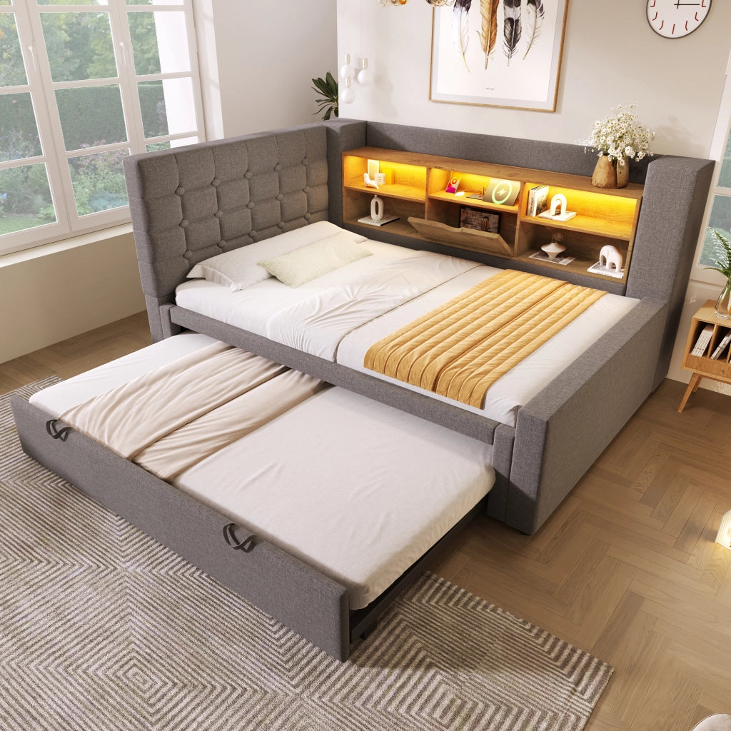 LETTO estraibile 90x200 cm in lino grigio con LED e porte USB