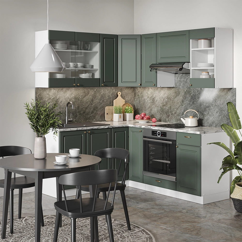 Cucina angolare completa Fame-Line Verde-oro rustico/Bianco 190 x 46 cm senza piano di lavoro Vicco