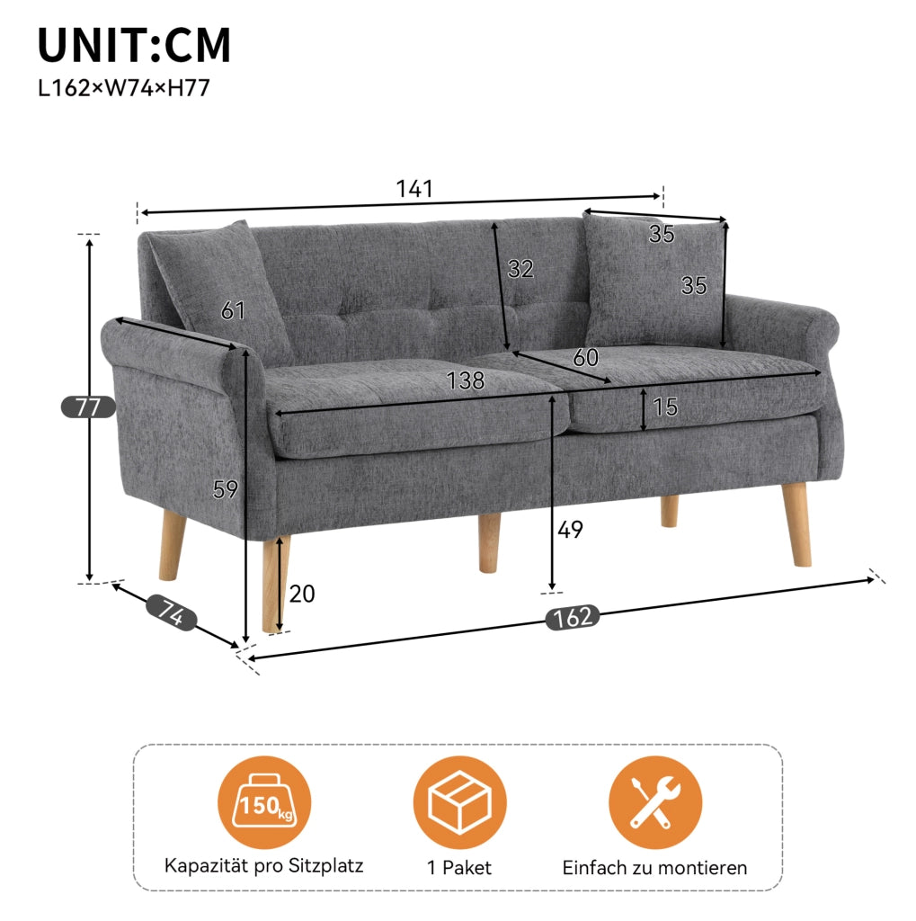 Divano a 2 posti in chenille grigio 162x74x77 cm con braccioli ergonomici