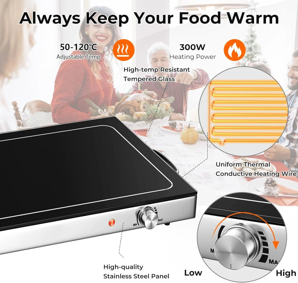 Vassoio Scaldavivande Elettrico 300 W, Scalda Vivande Temperatura Regolabile 50-120℃, Vassoio 56 X 36 CM, con Maniglia Cool-Touch, Superficie in Vetro Temperato, per Famiglia, Feste, Picnic