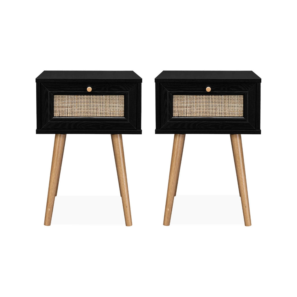 Set 2 comodini effetto legno e cannage, nero