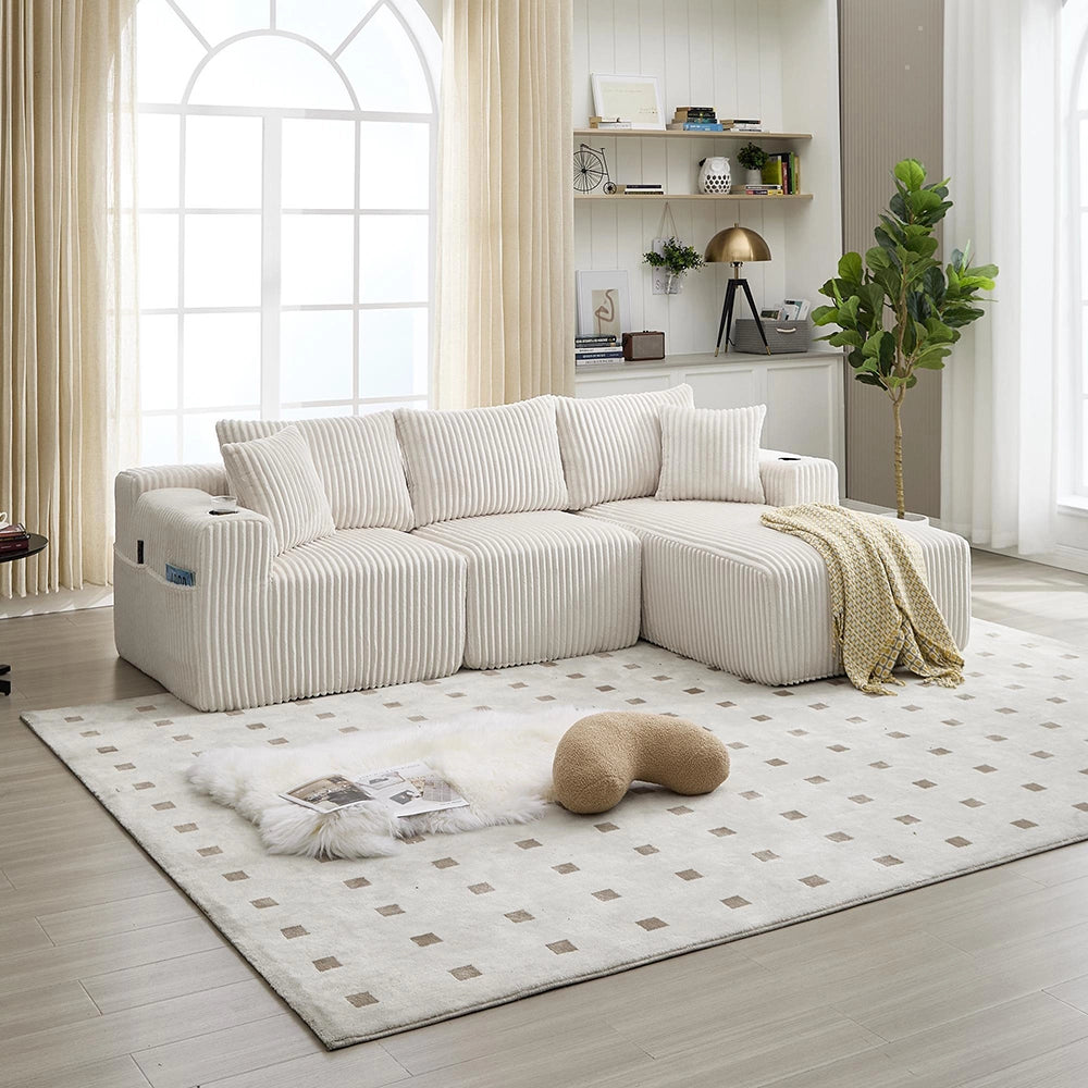 Divano modulare con chaise longue e 2 posti - Xylo - Velluto costato, 5 cuscini, portaoggetti e bevande