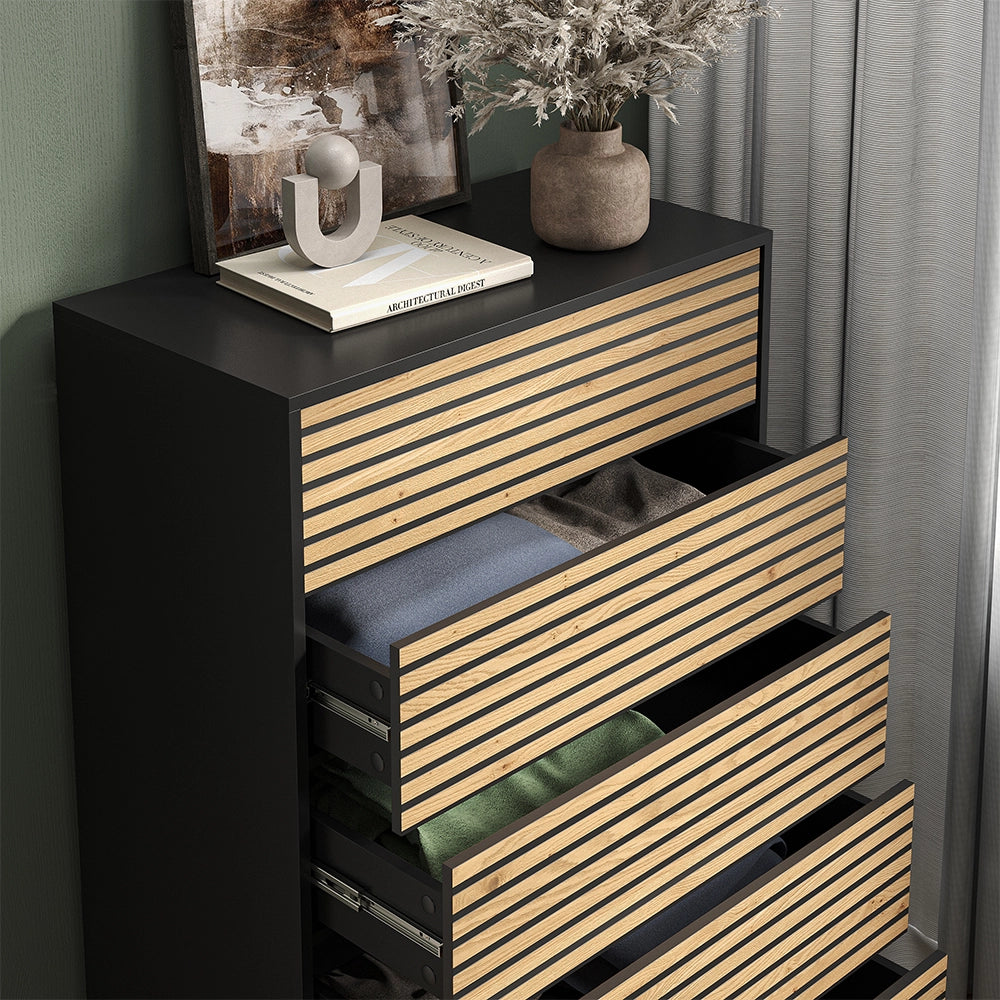 Vicco Cassettiera Nero/quercia 76 x 120 cm con 5 cassetti