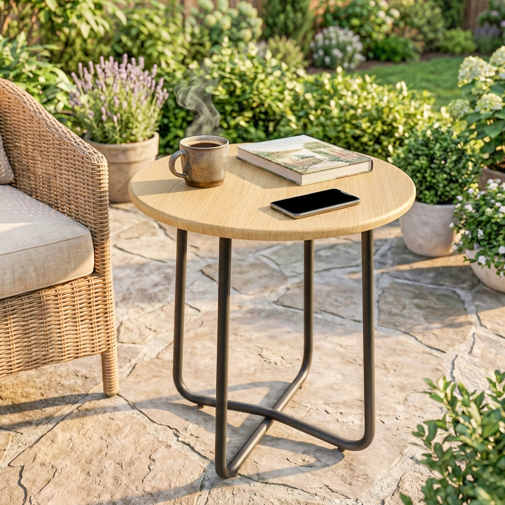Tavolino da Giardino Rotondo in Metallo ¨C zephmum ¨C Effetto Legno Naturale ?48x51 cm