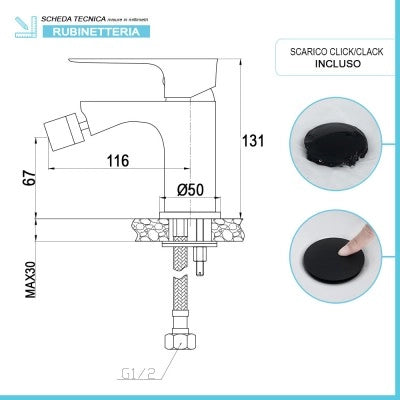 Set miscelatori lavabo alto e bidet Flat nero opaco con piletta