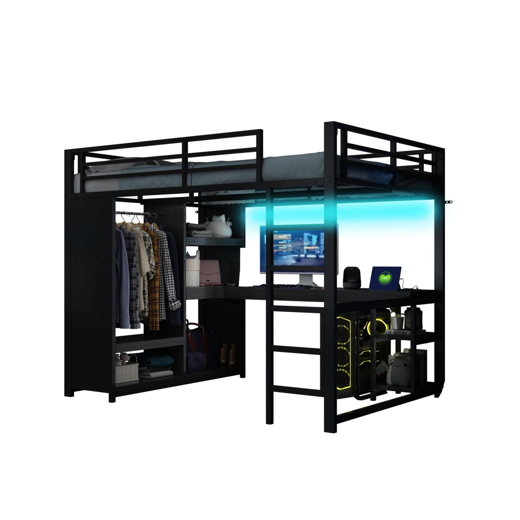 Letto a soppalco gaming 140x200 - Zephmum - LED, scrivania, armadio