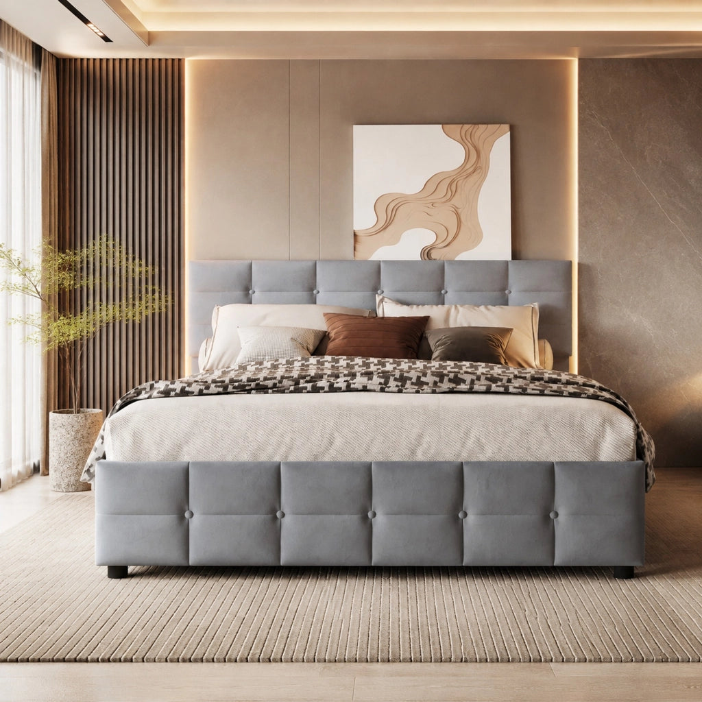 Letto matrimoniale imbottito 180x200 cm con contenitore idraulico; velluto grigio