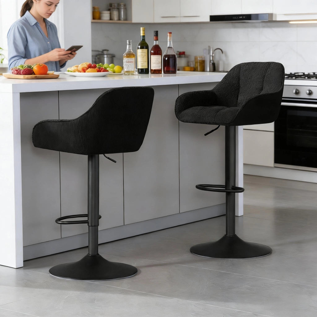 Sgabello da Bar Set di 2 Girevole con Altezza Regolabile e Schienale, in Ciniglia e Velluto a Coste, Nero