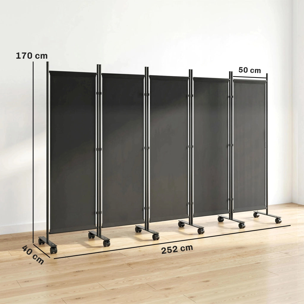 Paravento Divisorio 5 Pannelli con 12 Ruote ¨C Xylo ¨C Nero 252x170 cm