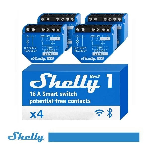 Shelly 1 Gen3 Kit 4 Pezzi, Relè WiFi Smart per Automazione Domestica, Controllo Remoto da App, Compatibile Alexa e Google Home