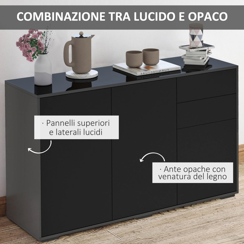 Mobiletto Multiuso Nero con 2 Cassetti e 2 Armadietti ad Apertura a Pressione, 117x36x74cm