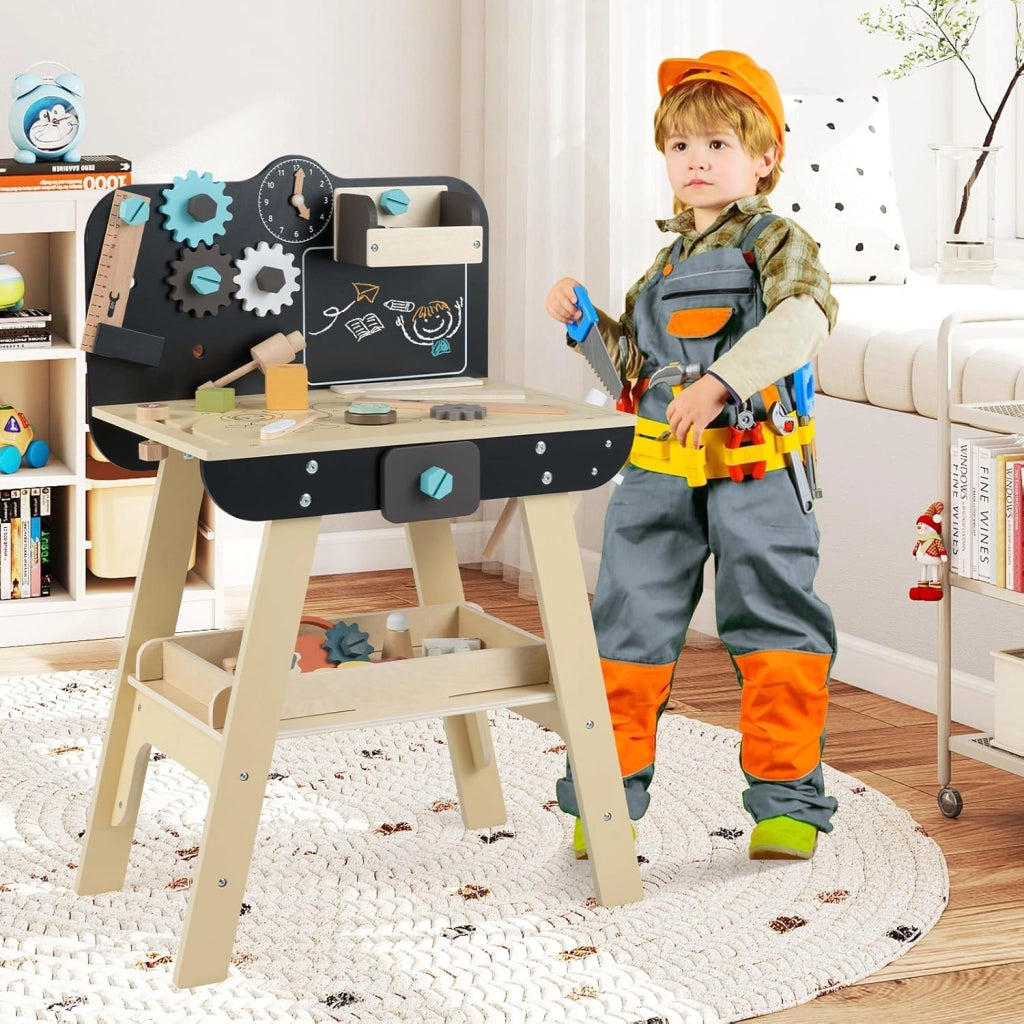 Banco da Lavoro in Legno per Bambini, Set Attrezzi Giocattolo con Martello, Cesello, Chiave Inglese, Ripiani e Ganci per Archivio, Tavolo da Lavoro Giocattolo Officina 3+ Anni