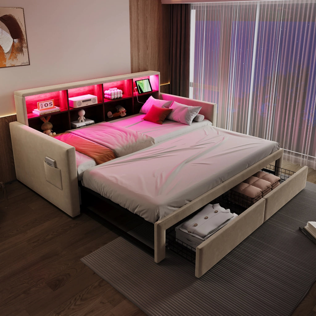 Letto a Divanetto 90x190 cm; con Contenitore; LED; USB e Type-C; in Velluto Beige