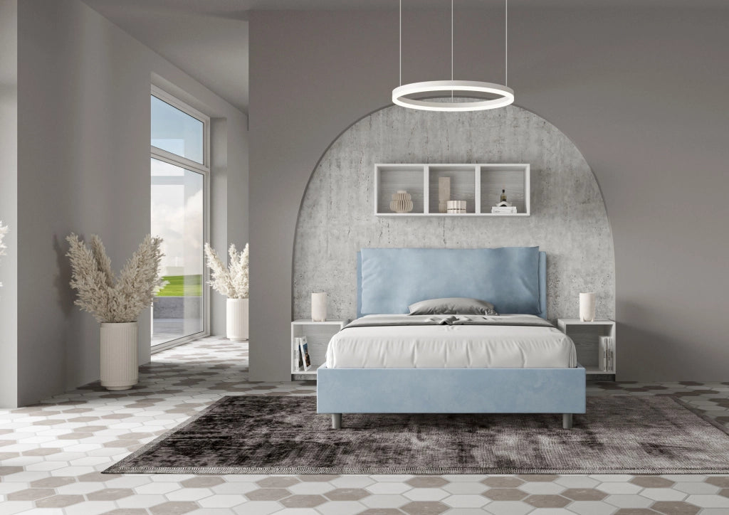 BS COM Letto matrimoniale francese contenitore imbottito 140x200 microfibra azzurro Large