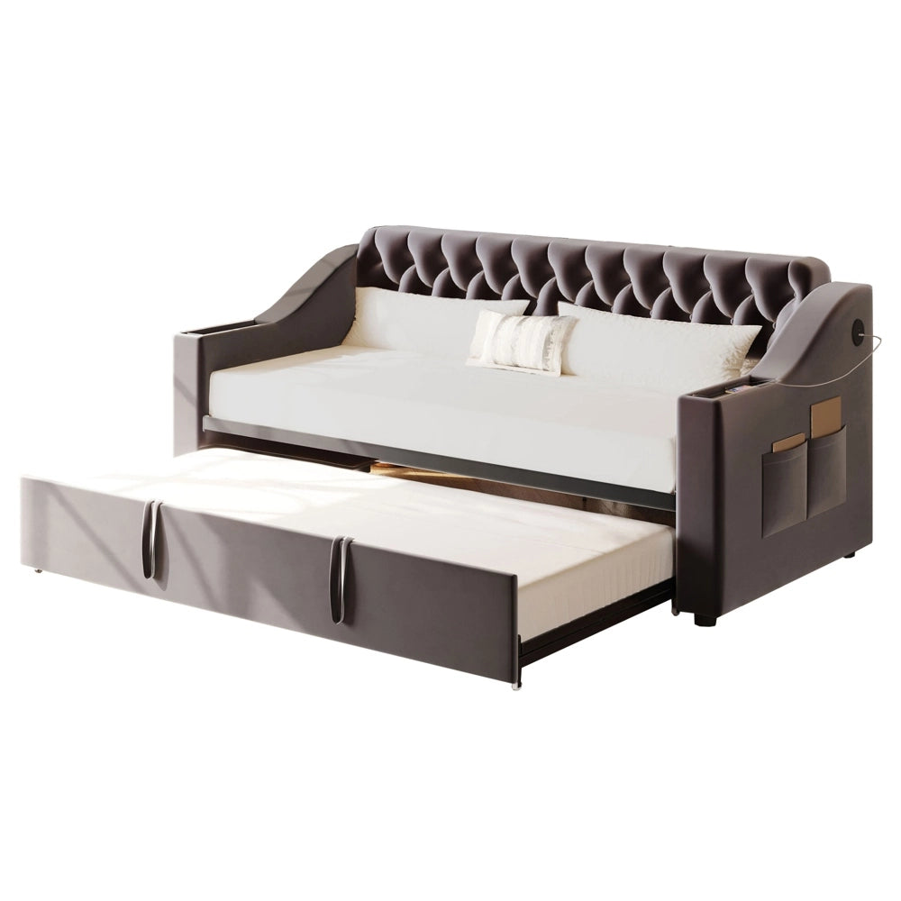Divano letto - Xylo - 90/180x190 cm braccioli USB velluto grigio scuro