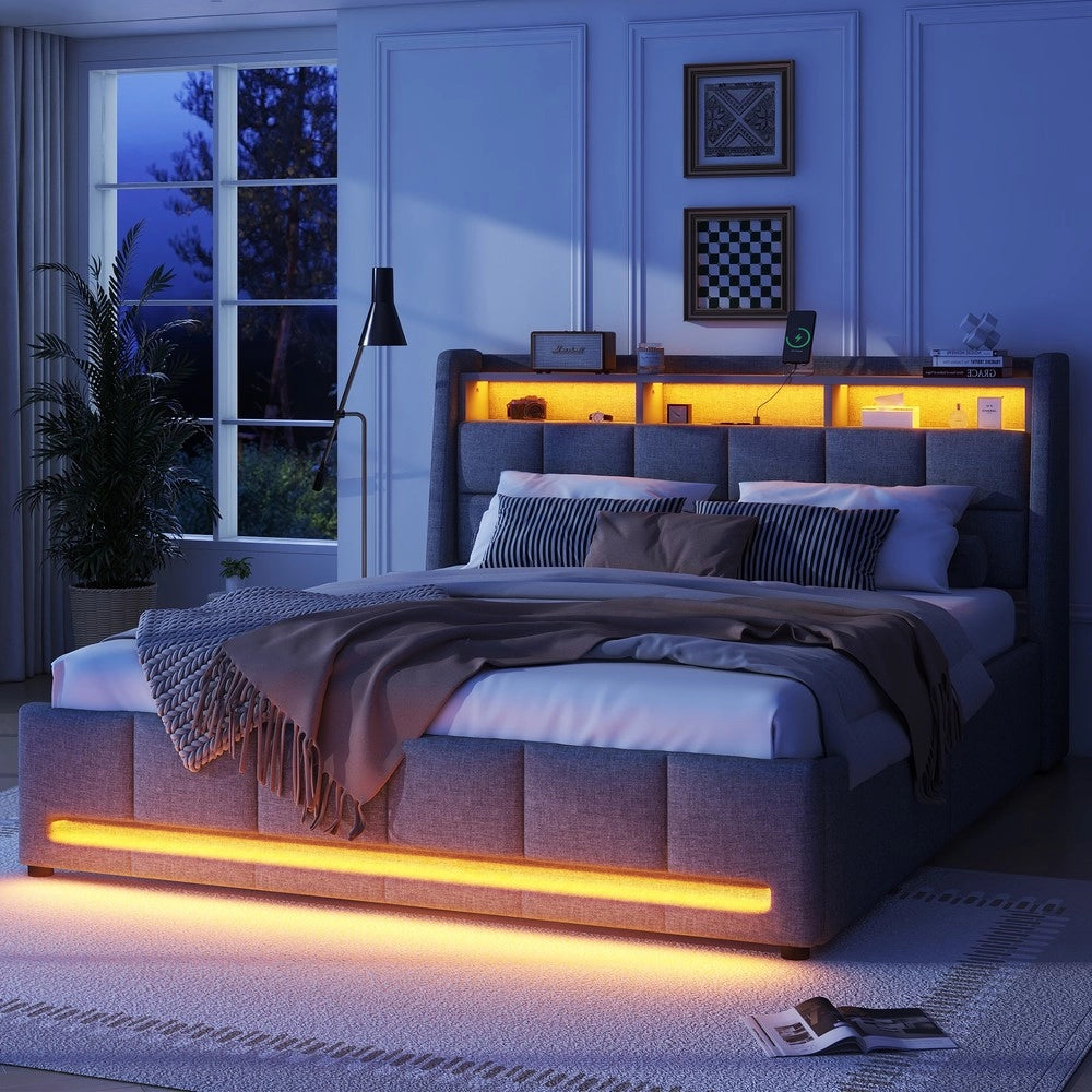 Letto Imbottito con Cassetti e LED ¨C MINIMAL ¨C Grigio, Tessuto Lino, 140x200
