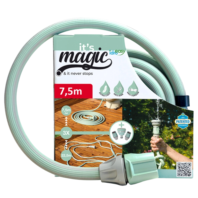Idroeasy, Tubo Estensibile da Giardino 7,5 Metri con Doccetta 6 Funzioni e Raccordi, Tubo Giardino 1/2” Antitorsione e Antinodo,Estensibile Fino a 3 Volte la Sua Lunghezza Iniziale, Made In Italy