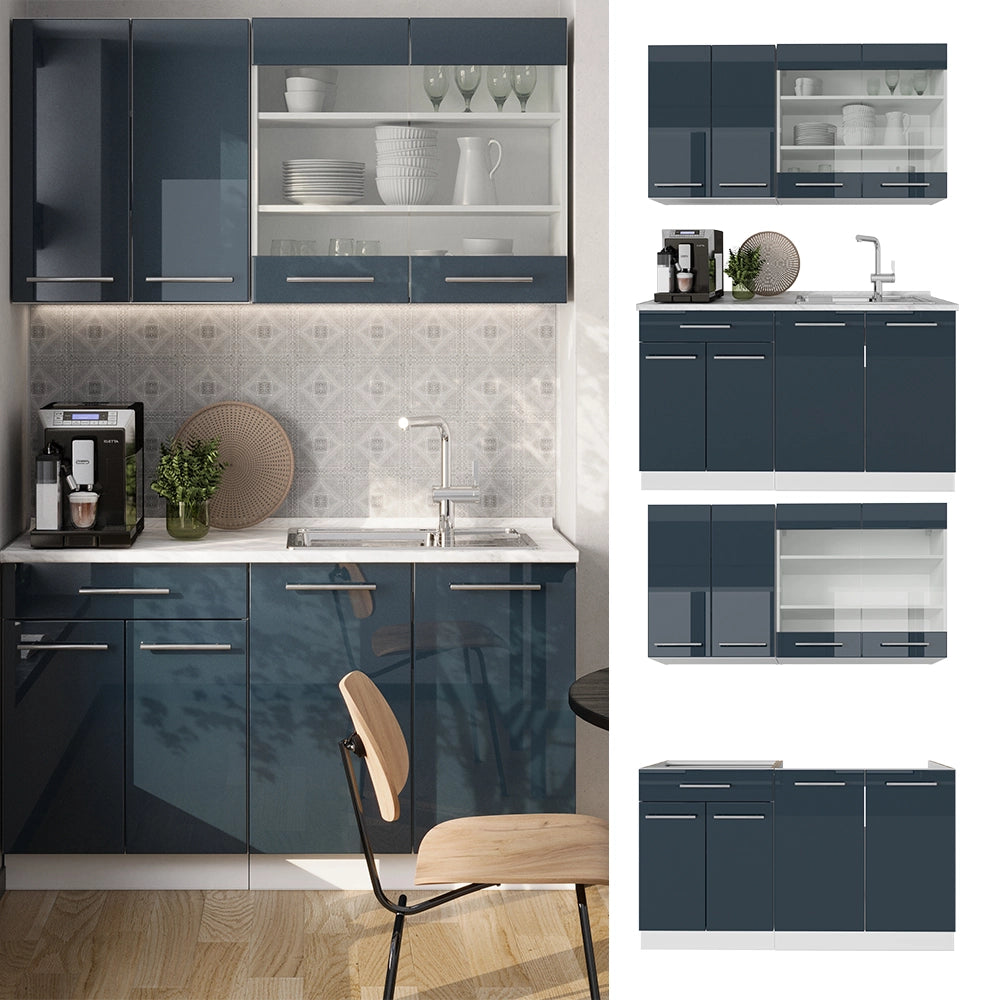 Mobili da cucina Fame-Line Blu scuro lucido/Bianco 140 cm, PL Antracite Vicco
