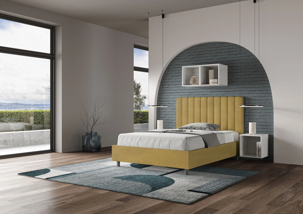 BS COM Letto una piazza e mezza con rete imbottito 120x190 microfibra ocra