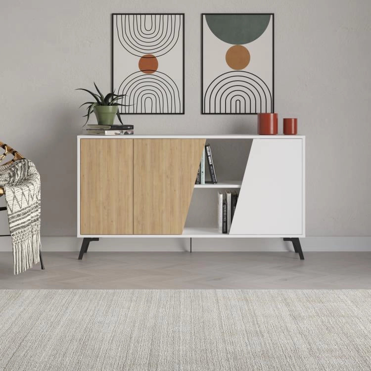 Madia Credenza Moderna 150 cm con 2 Ante 8 Vani e Ripiani Bianco e Quercia