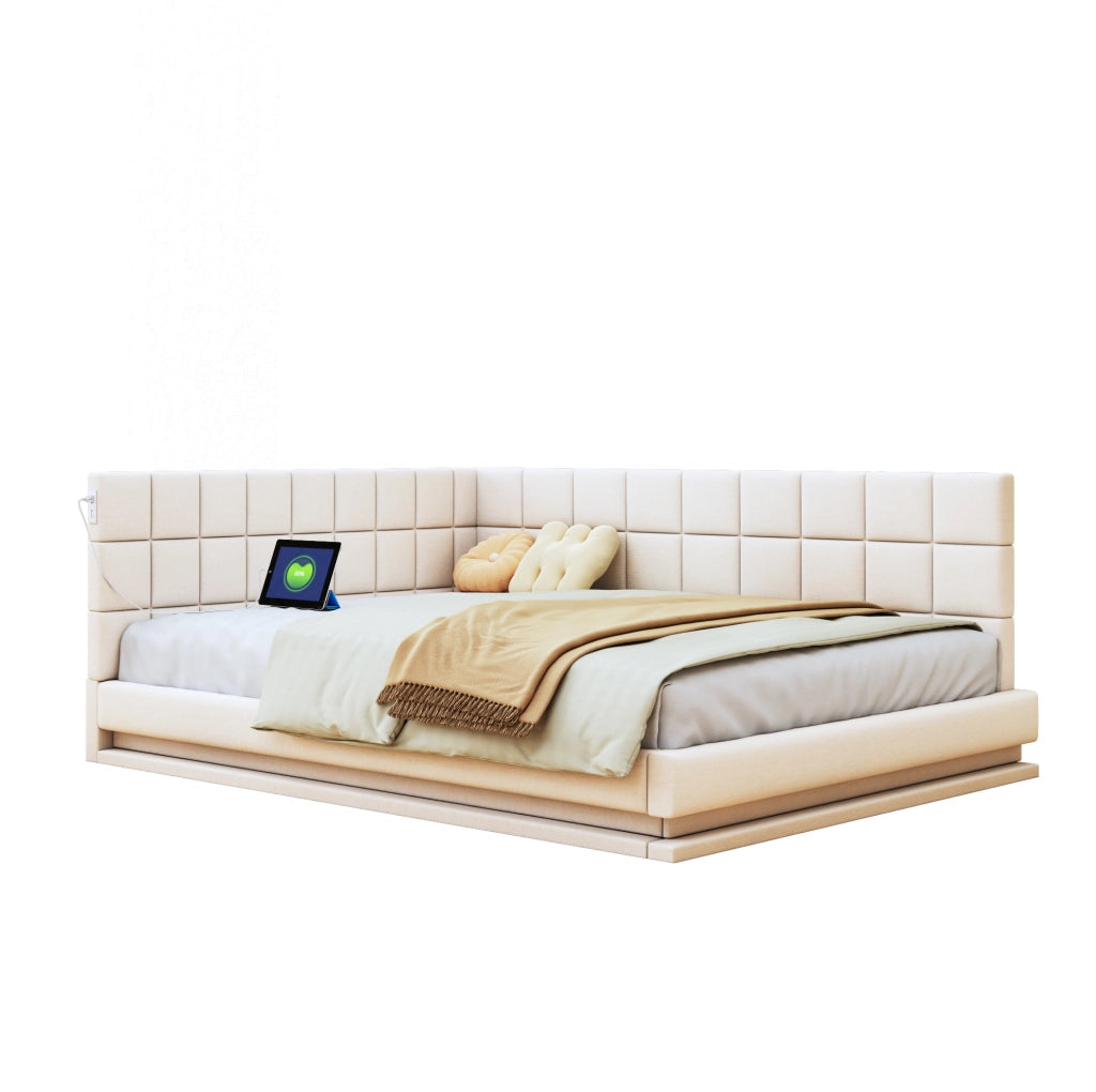 Divano letto imbottito 140x200 con LED, USB e rete a doghe