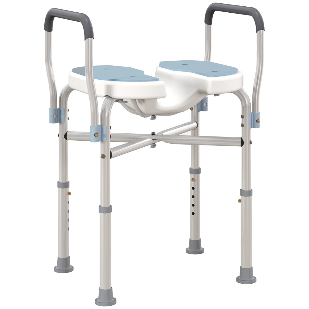 Sgabello da Doccia con Seduta Scanalata e Braccioli ¨C Minimal ¨C Altezza Regolabile, Azzurro