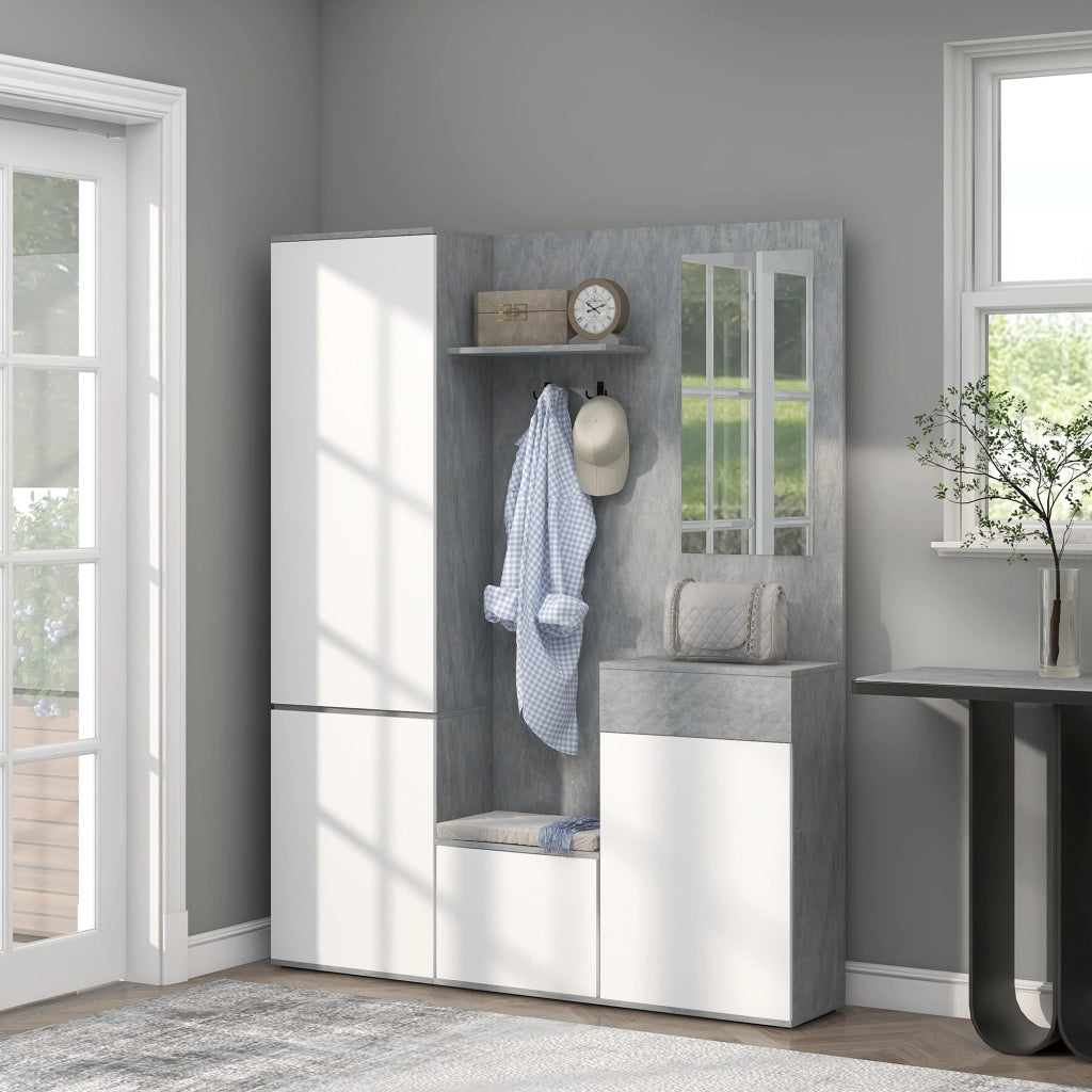 Mobile Ingresso con Specchio, Ganci e Ripiani ¨C Zephmum ¨C Grigio e Bianco, Legno, 145x29x184 cm