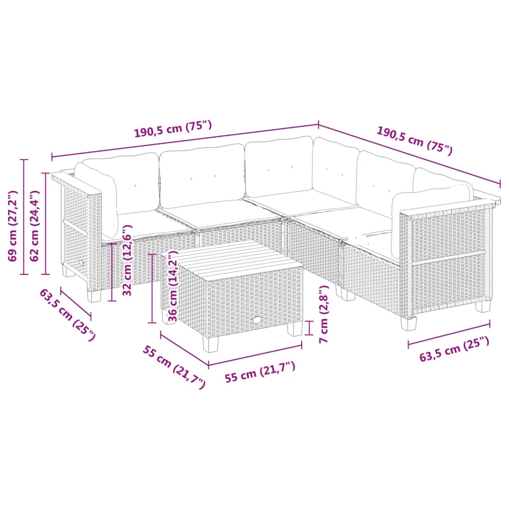 Set Divano da Giardino 6 pz con Cuscini Nero in Polyrattan 3261827