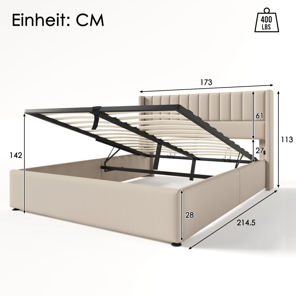 LETTO Contenitore idraulico 160x200 cm Beige in lino