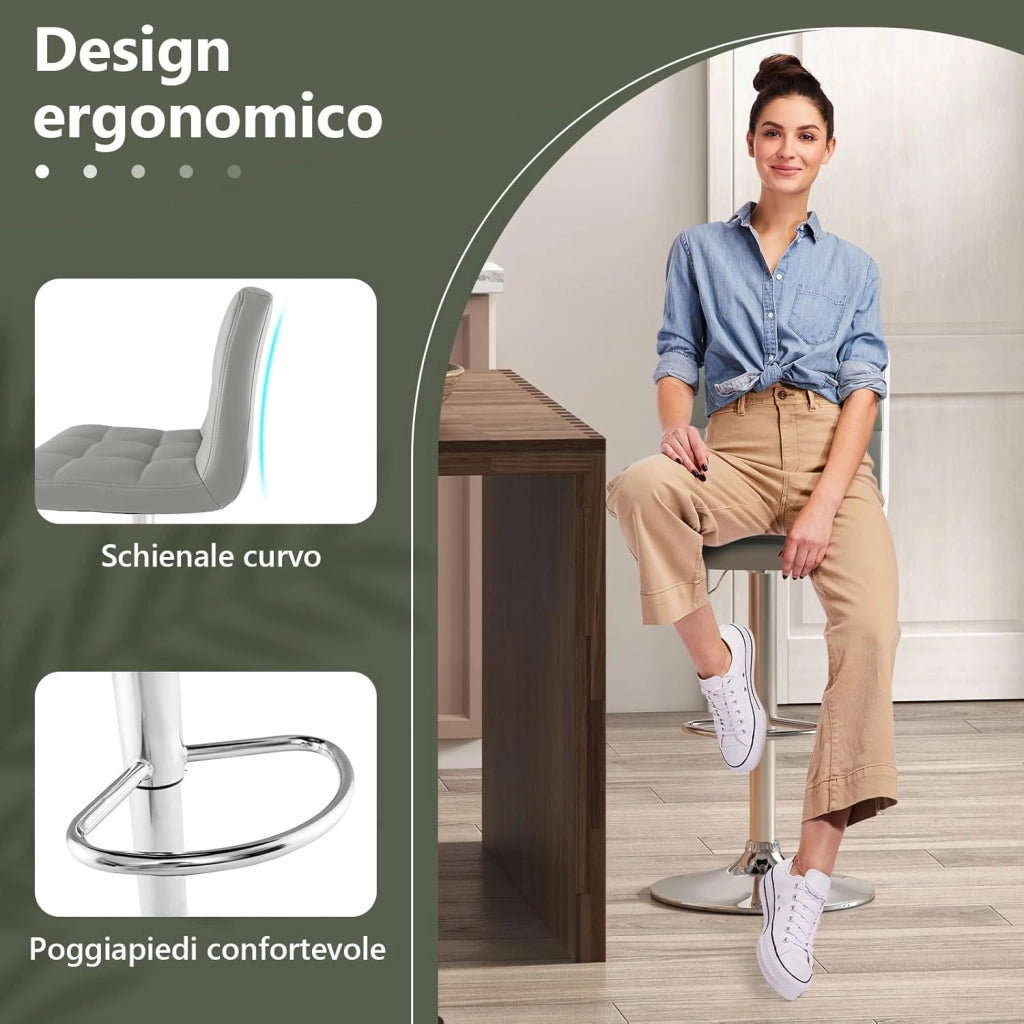 Sgabello Regolabile in Altezza in Ecopelle, Sgabello Cucina Girevole a 360° con Poggiapiedi e Base Metallica Antiscivolo, Sedia Portata 150 kg per Sala da Pranzo e Penisola Cucina (Grigio,1)
