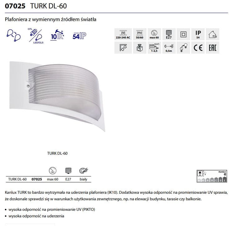 Plafoniera Kanlux TURK 7025 E27 IP54 trasparente bianca