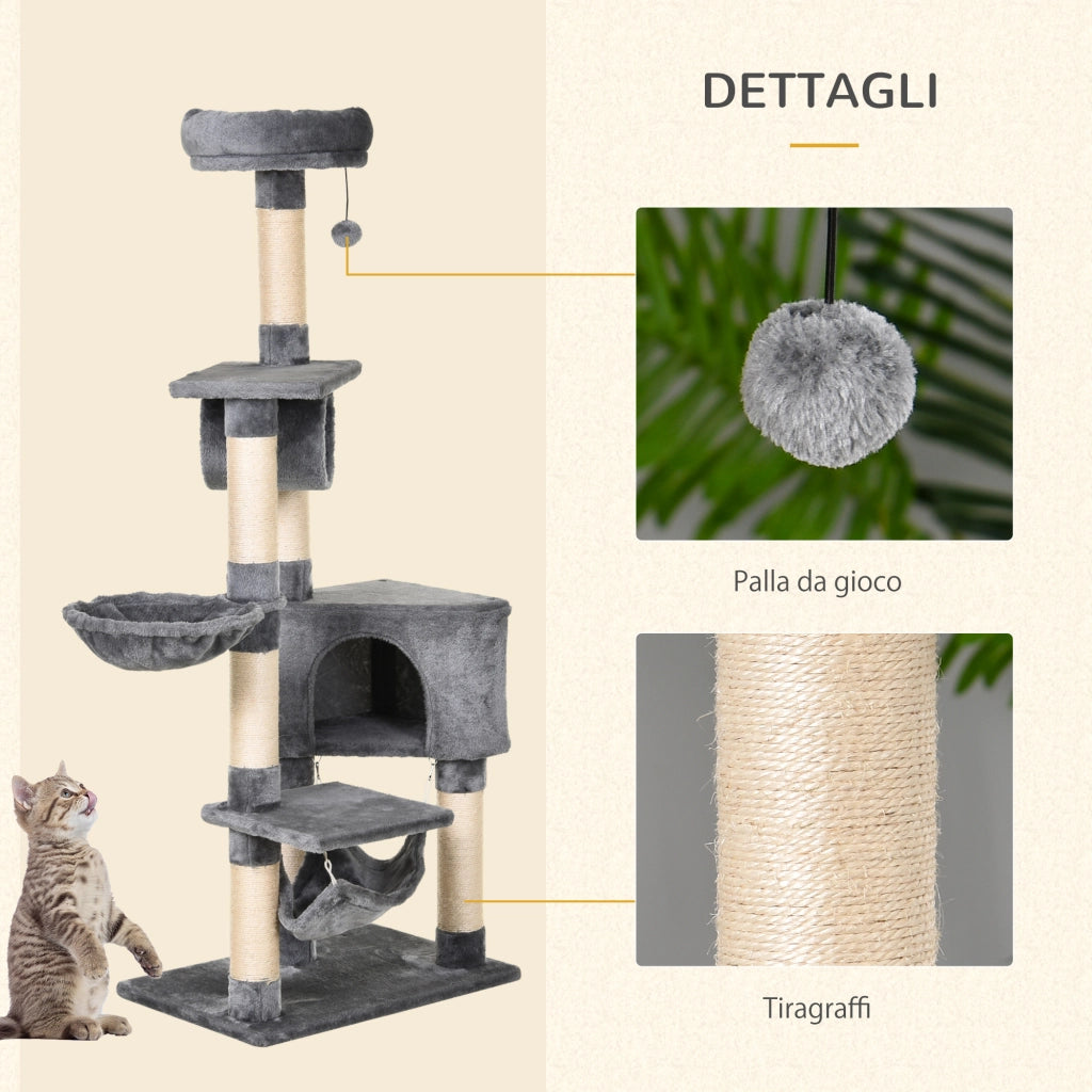 EasyComfort Tiragraffi per Gatti con Cuccia, Amaca, e Pali in Sisal, Grigio