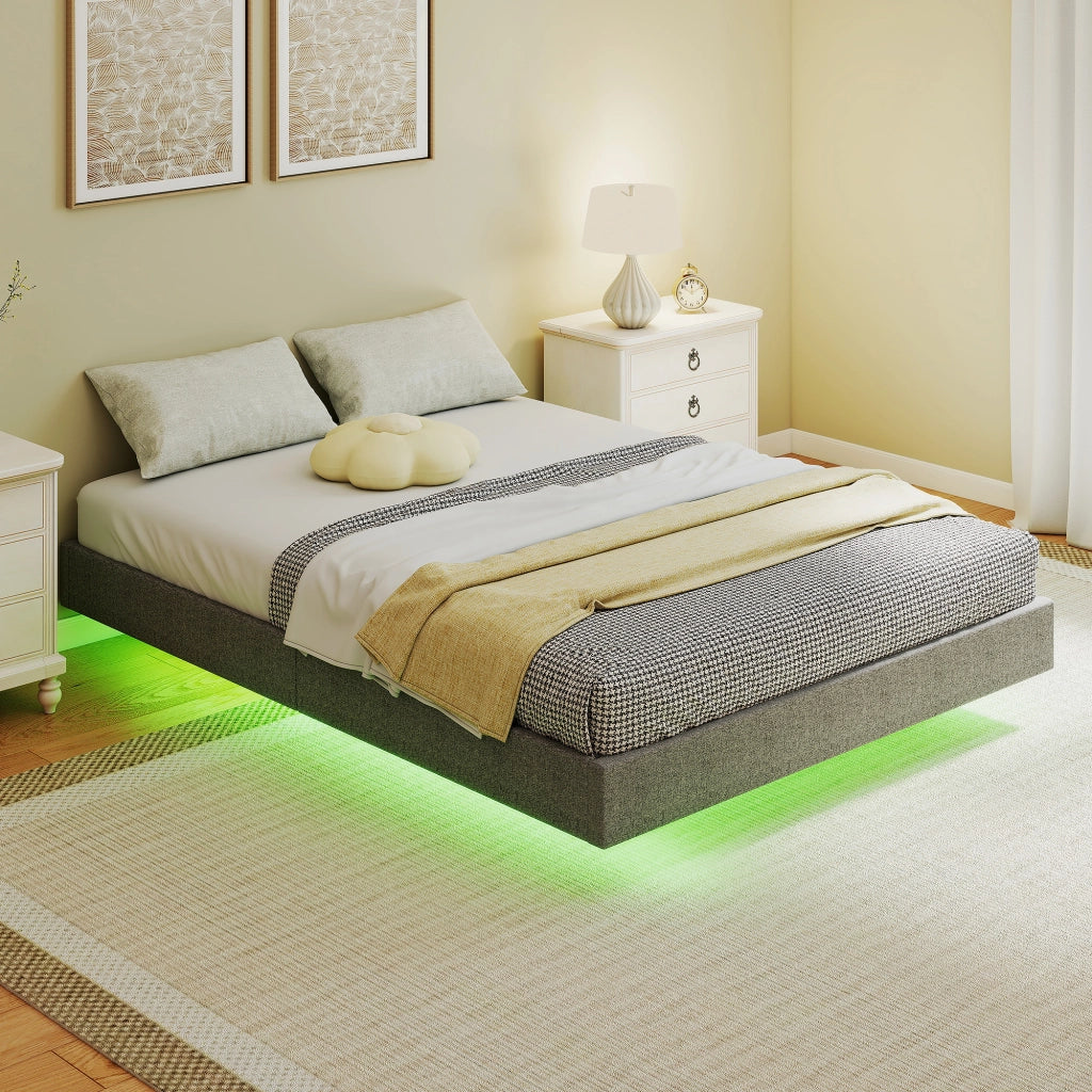 Giroletto con LED 140x190 cm ¨C Xylo ¨C Tessuto Lino Grigio con Doghe in Legno