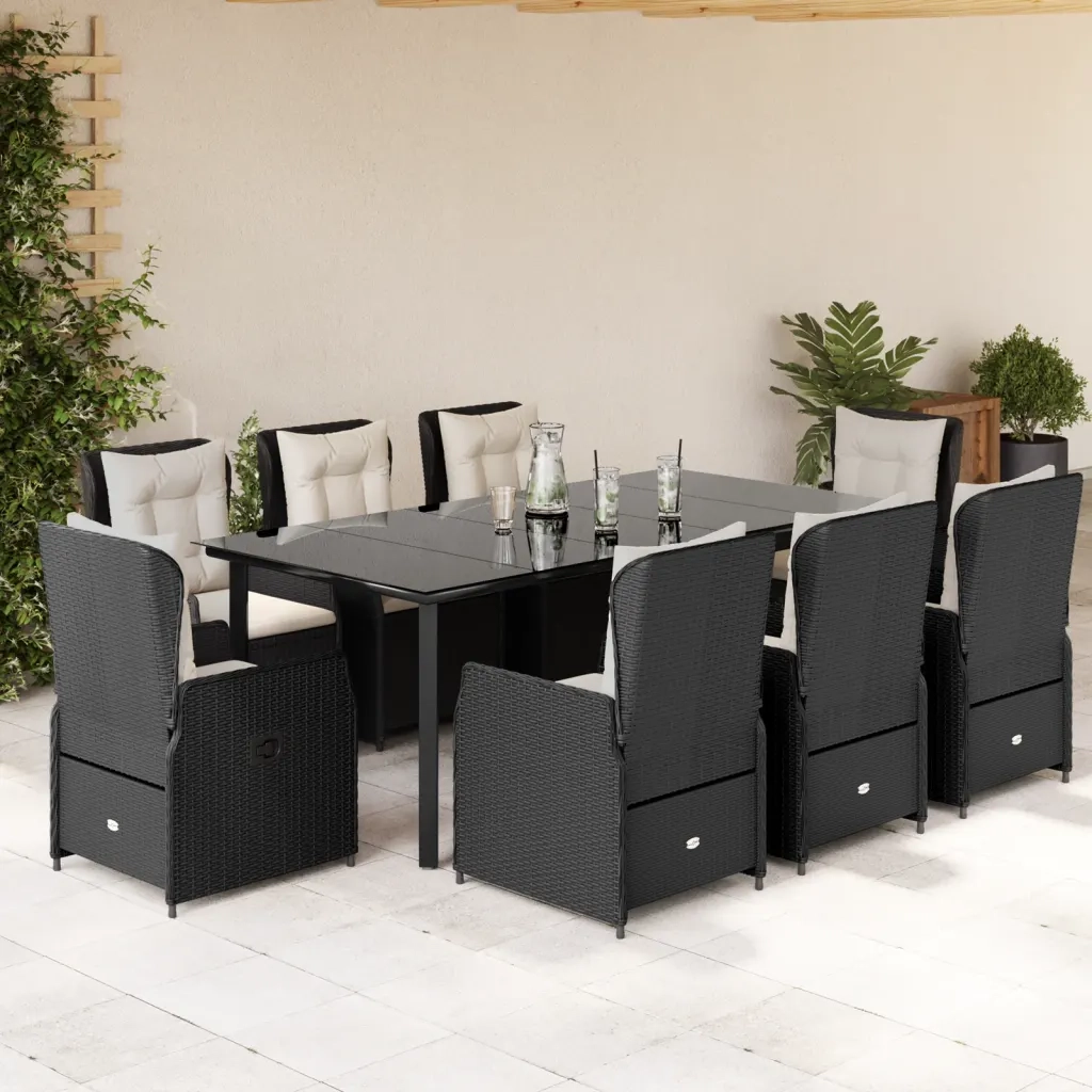 Set da Pranzo da Giardino 9 pz con Cuscini Nero in Polyrattan 3262839