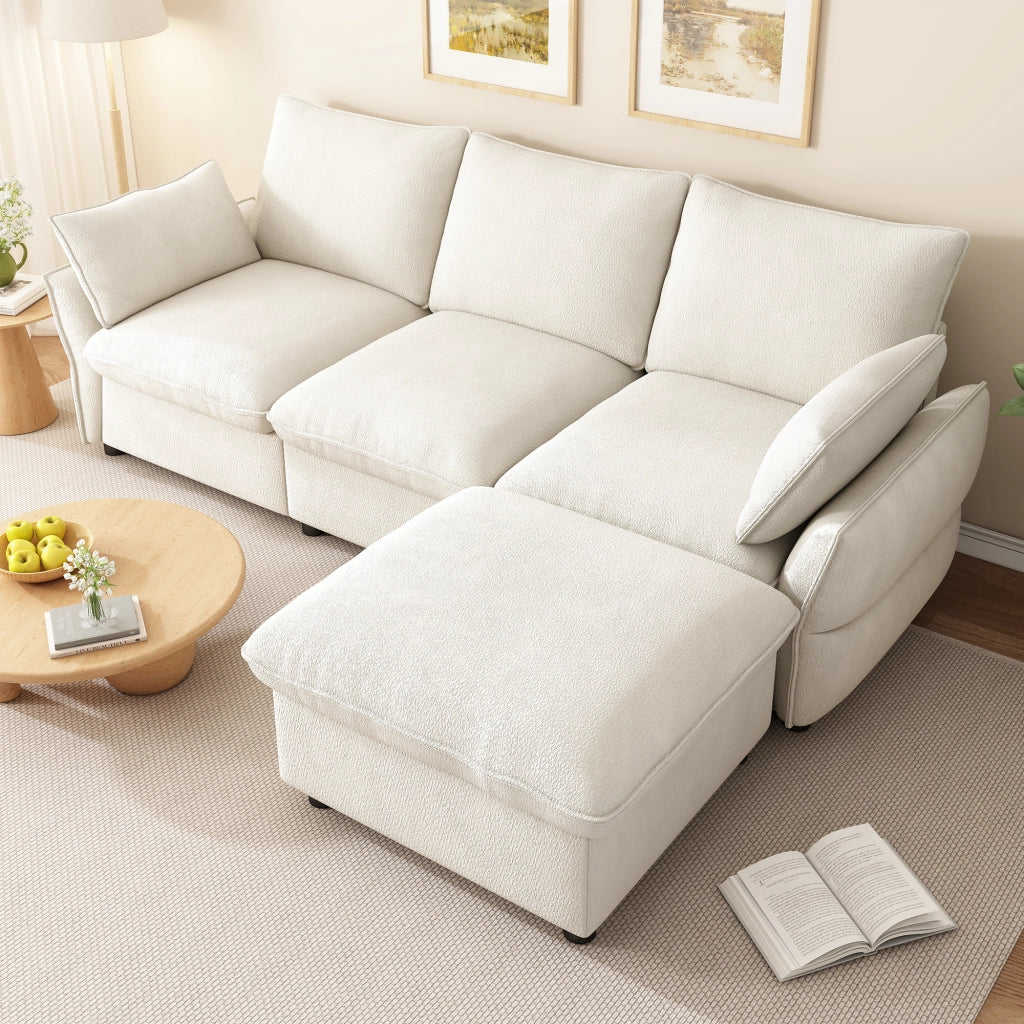 Divano angolare 3 posti - con pouf e 2 cuscini - per soggiorno e casa - in chenille beige