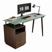 Scrivania con 3 cassetti e vano aperto per studio in vetro e MDF 130×50×75 cm marrone