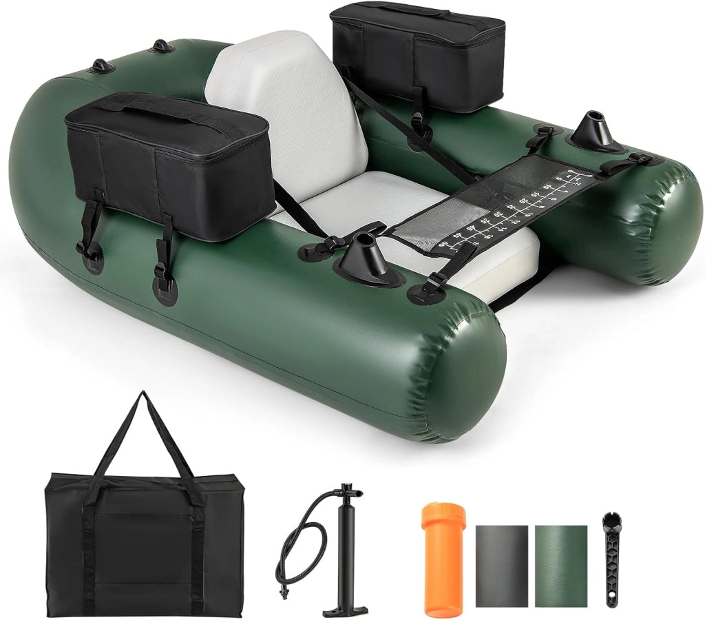 Belly Boat da Pesca, Gommone Gonfiabile da Pesca con 2 Porta Canne, Pompa, Borsa di Trasporto e Kit di Riparazione, Barca da Mare con Compatibile con Motore Fuoribordo, capacità 100kg