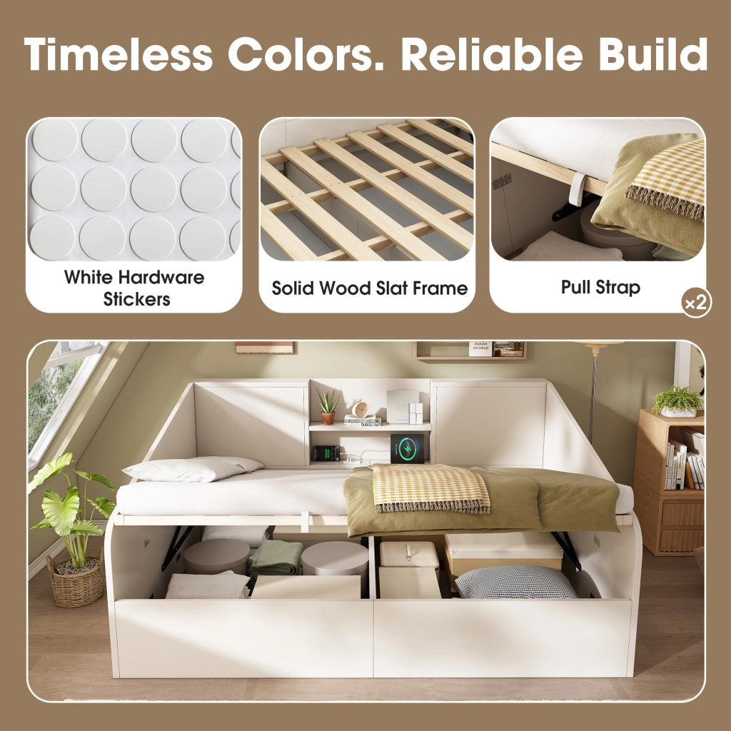 Letto a Divanetto 140 x 190 cm con Contenitore; USB; Type-C e Mensole in Legno - Bianco