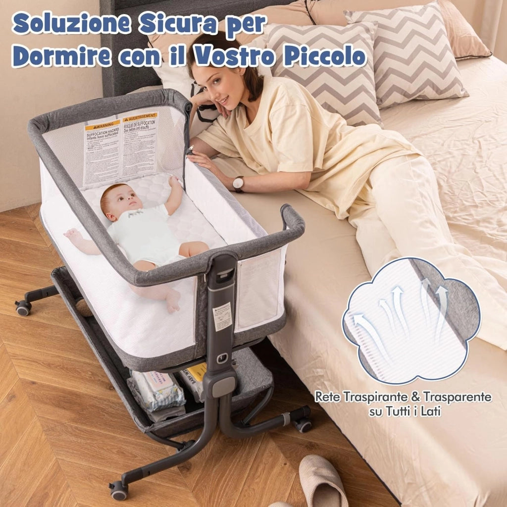 Culla Neonato con Matterasso, Culla Next to Me Piechevole con Altezza Regolabile a 6 Livelli, Lettino Bambino con Mensola Portaoggetti, Borsa da Trasporto, per Bambini 0-6 Mesi (Grigio Scuro)