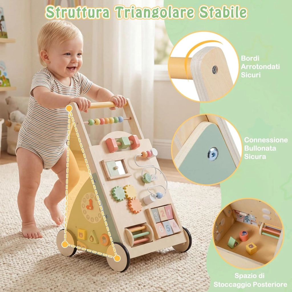 Carello Primi Passi in Legno per Bambini, Girello Montessori con Centro Attività, Ruote e Cestino Portaoggetti, Gioco Educativo per Bambini 12 + Mesi (Modello 5)