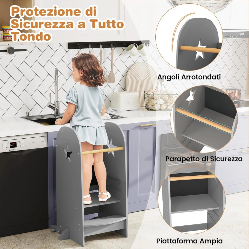 3-in-1 Torre Montessoriana per Bambini Regolabile in Altezza su 3 Livelli, Torre di Apprendimento con Doppia Lavagna, Pedane Alzabimbo con Protezione, per Cucina e Bagno, da 36 Mesi, Grigio