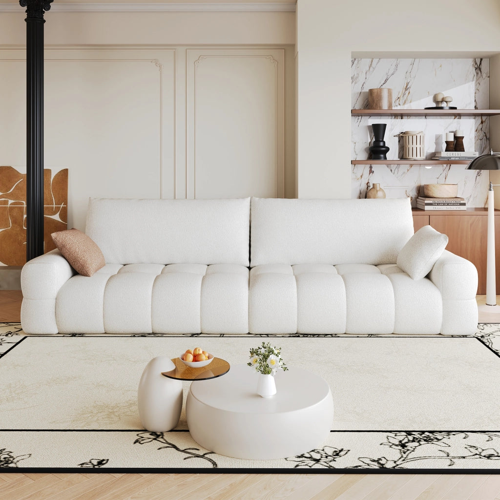 Divano modulare con chaise longue reversibile; seduta profonda e senza montaggio in tessuto bianco crema; 260 cm