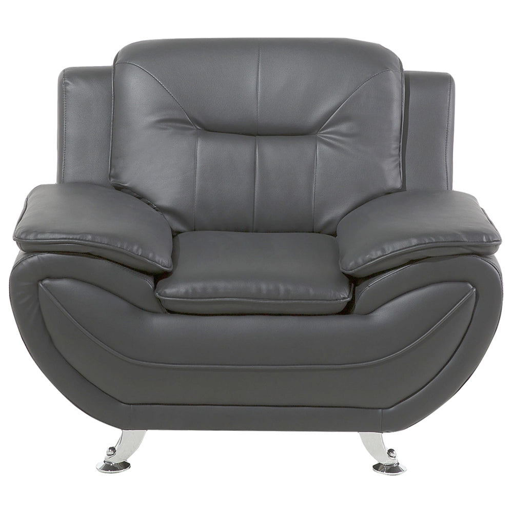 Poltrona Grigio Ecopelle Cuscino Braccioli Gambe Moderne In Metallo Argento