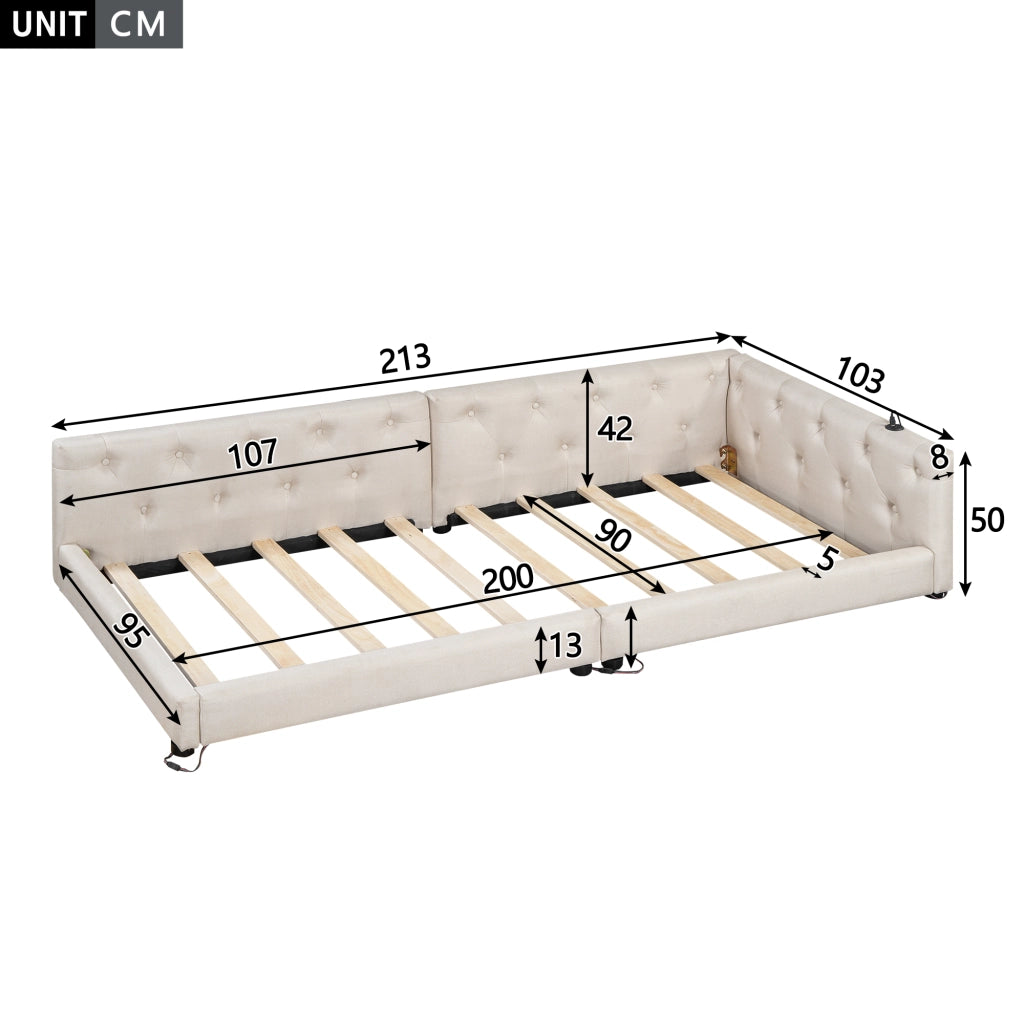 Letto divano con rete a doghe in lino beige 90x200 cm