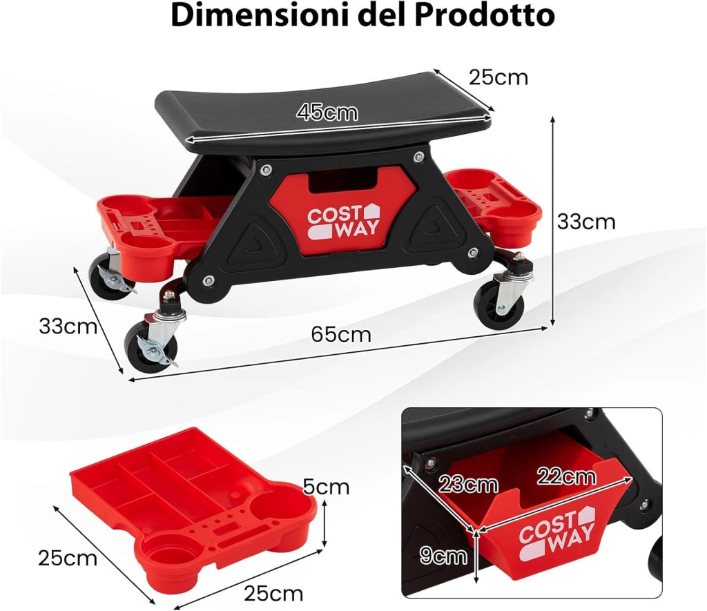 Sgabello da Officina con Ruote, Sedia Meccanico con Cassetto Estraibile e 2 Vassoi Divisori, Capacità di 135 kg, per Riparazione Auto, per Garage e Officina
