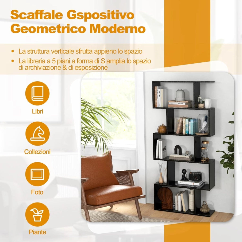 Scaffale a 5 Ripiani in Legno, Libreria Geometrica a Forma di S con Dispositivo Antiribaltamento, per Soggiorno Ufficio Camera da Letto, 70 x 23,5 x 158 cm (nero)