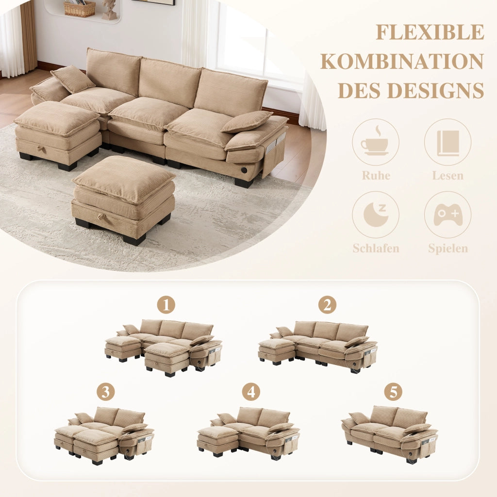 DIVANO 3 posti modulare 260x132x84 cm in corduroy khaki con 2 pouf