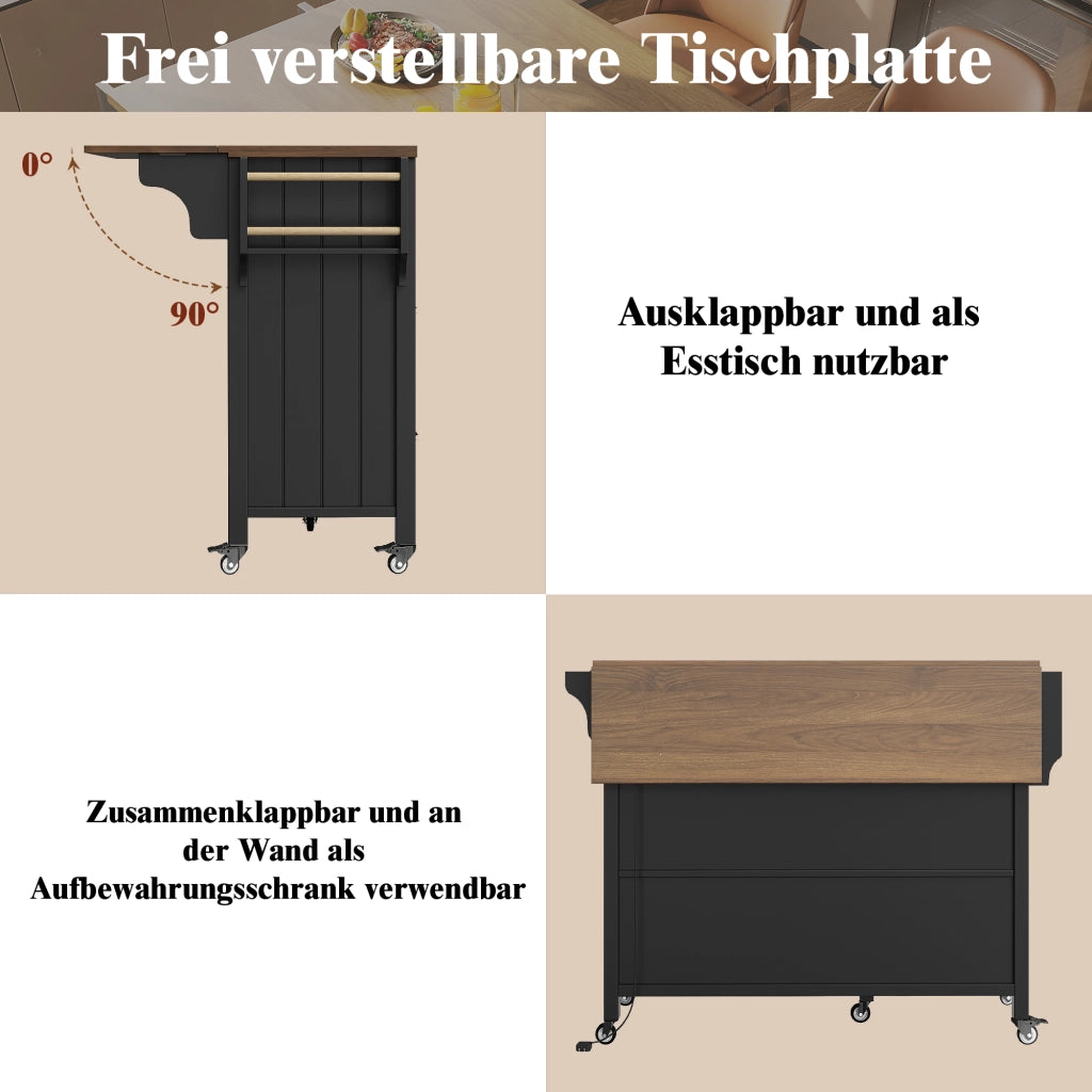 CARRELLO CUCINA 139x40x94 cm Nero MDF con LED e ruote