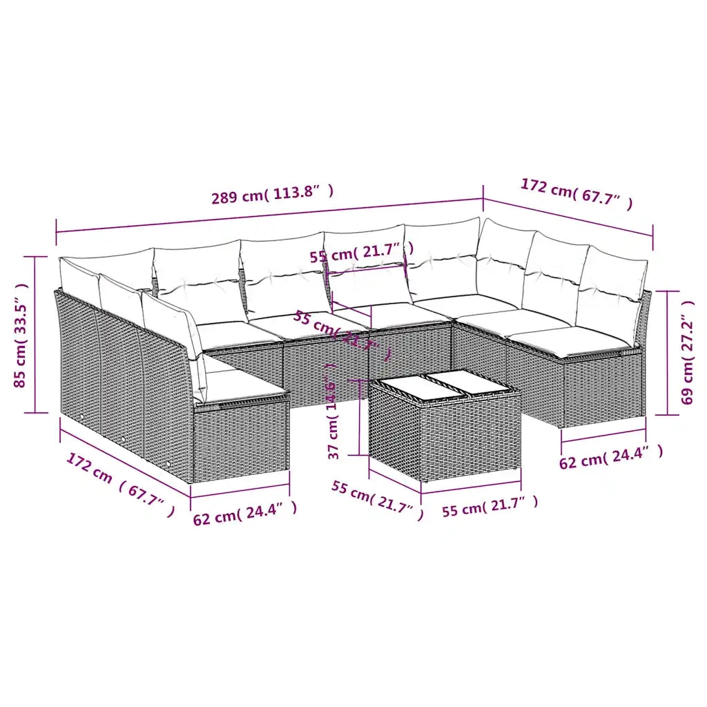 Set Divani da Giardino 10pz con Cuscini in Polyrattan Marrone 3218083